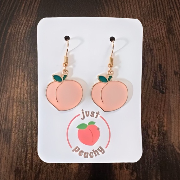 "Just Peachy!" New Handmade Gold-Tone Peach Dangle Earrings (1.75" L x 0.9" W) - Picture 2 of 6